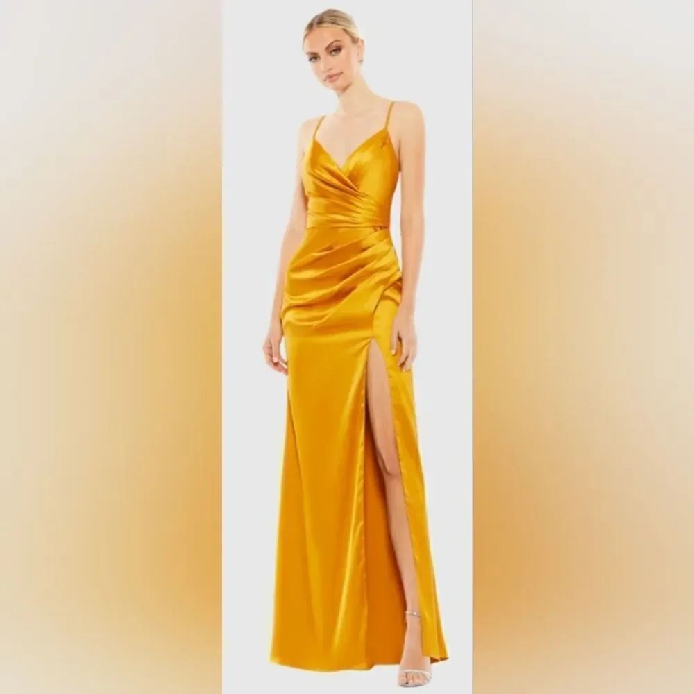 Mac Duggal 26585 Satin Sleeveless Faux Wrap Ruched Gown NWT szβ6 Marigold/Yellow